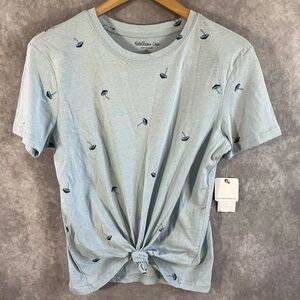 NEW Rebellious One Shirt Womens XS Powder Blue Top Mushroom Allover Print Tee